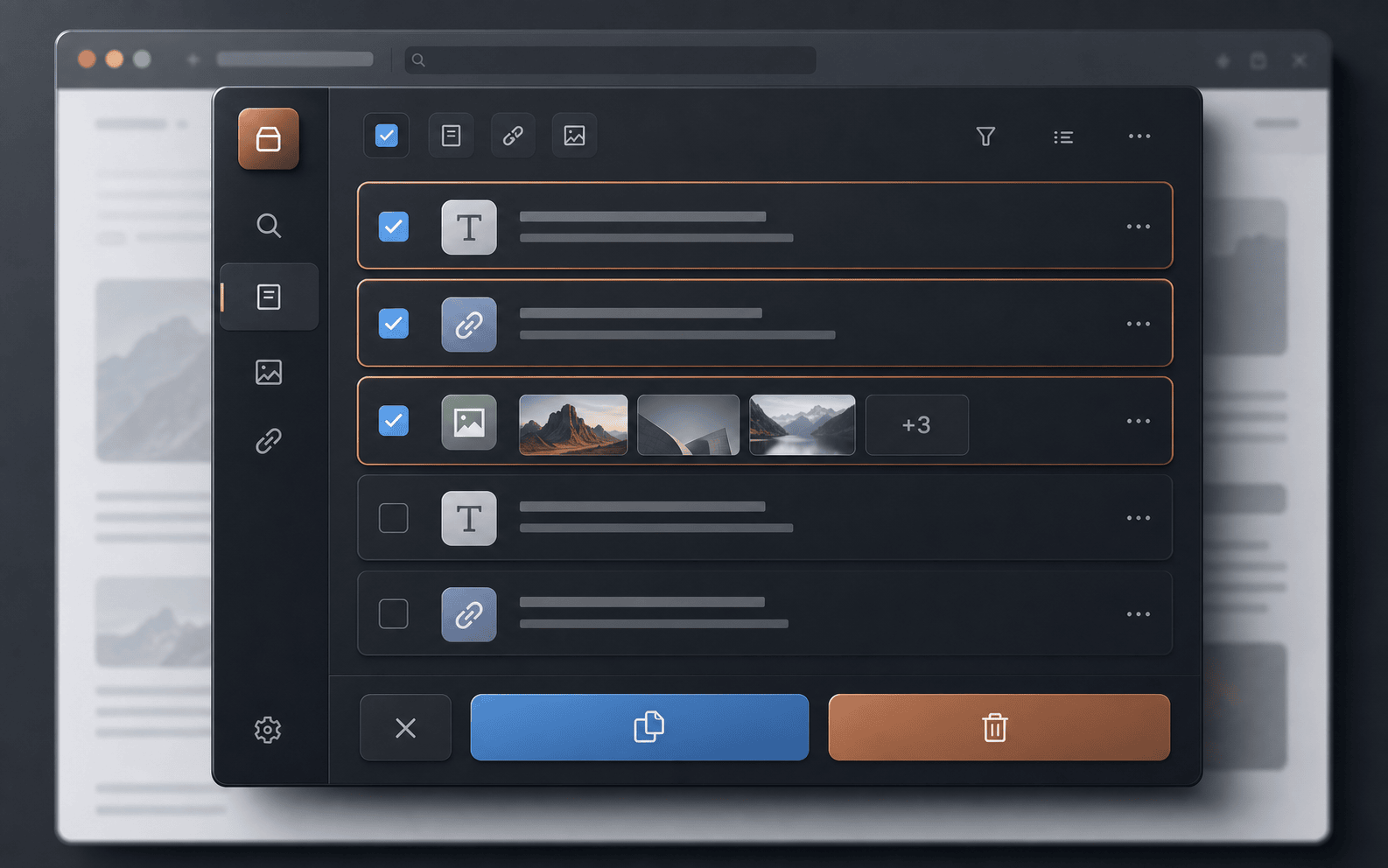 Generated Side Stash mockup showing selected snippets and bulk actions